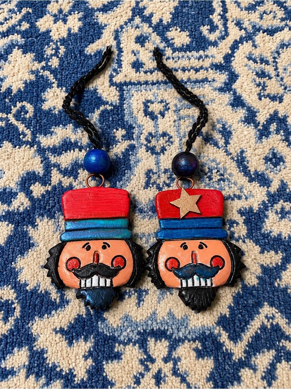 Handcrafted Nutcracker Ornament Pair - Red & Blue Holiday Decorations